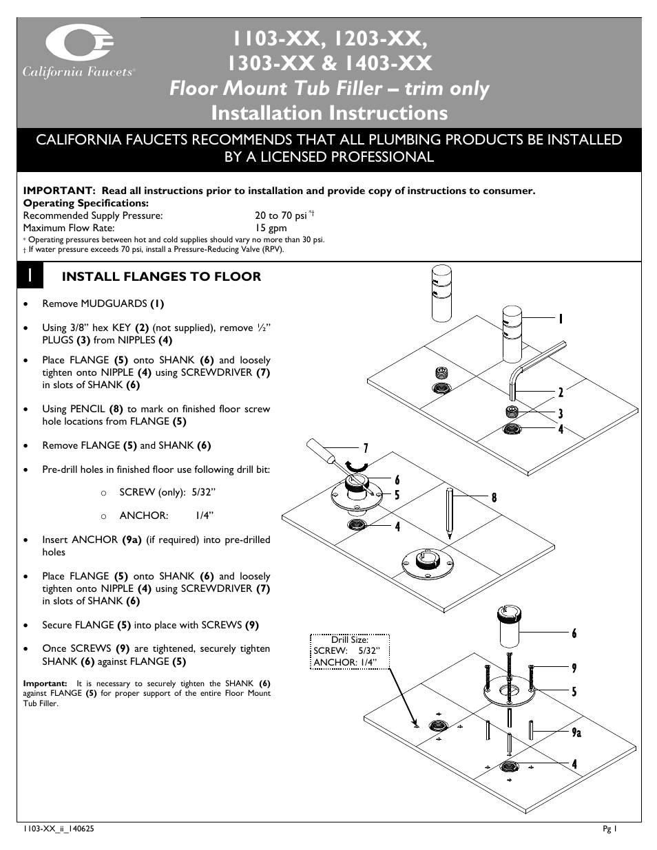 California Faucets Contemporary Floor Mount Tub Filler User Manual | 4 pages