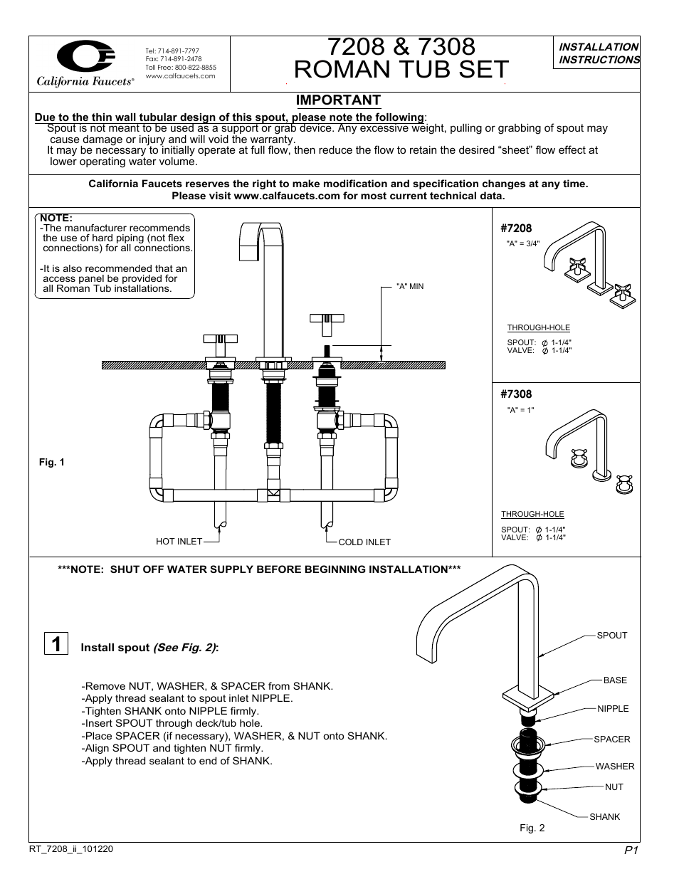 California Faucets Roman Tub Sets 73 Series User Manual | 2 pages