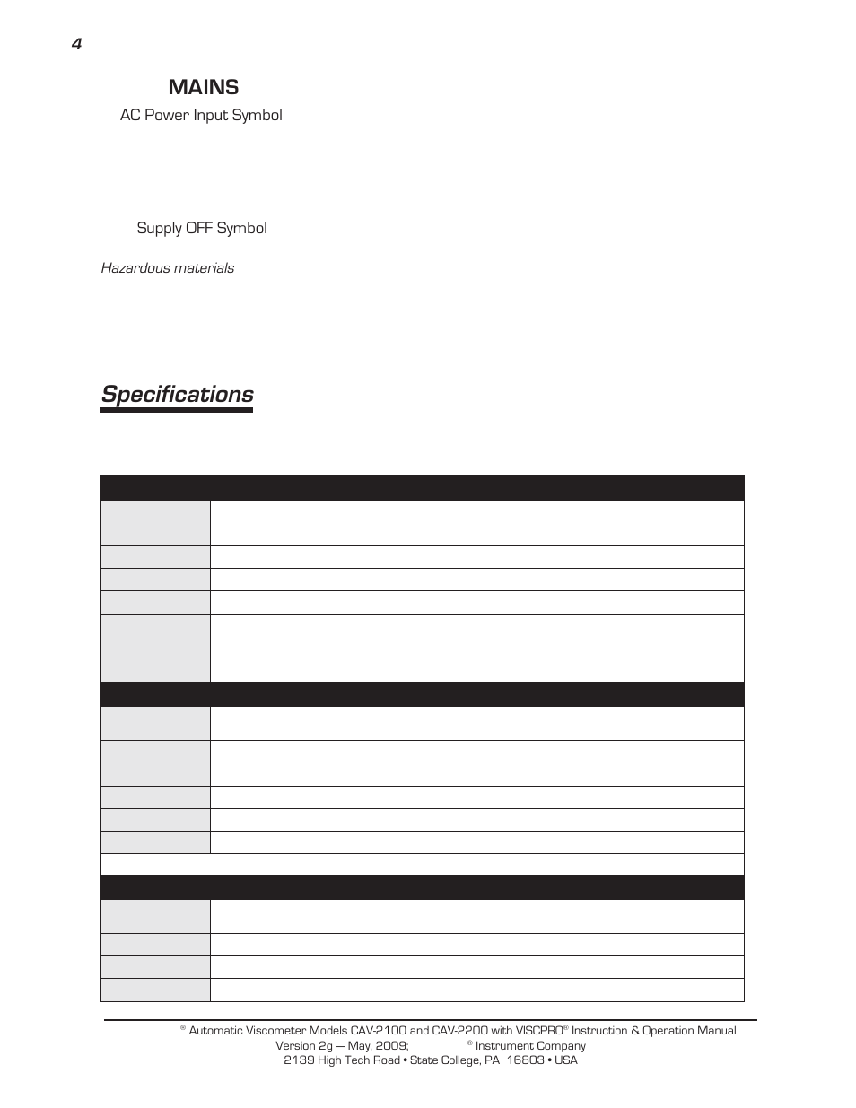 Specifications, Mains, Supply off symbol ac power input symbol | Cannon | Cannon Instrument CAV-2000 User Manual | Page 10 / 144