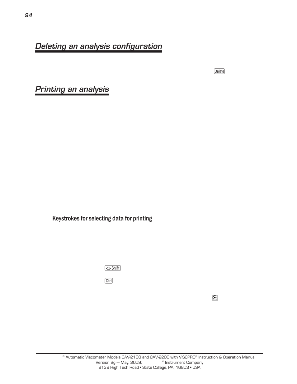 Deleting an analysis configuration, Printing an analysis, Keystrokes for selecting data for printing | Cannon Instrument CAV-2000 User Manual | Page 100 / 144