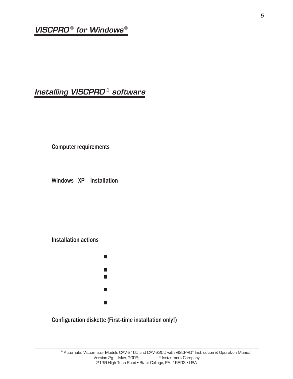 Viscpro, For windows, Installing viscpro | Software, Computer requirements, Windows, Installation, Installation actions | Cannon Instrument CAV-2000 User Manual | Page 11 / 144