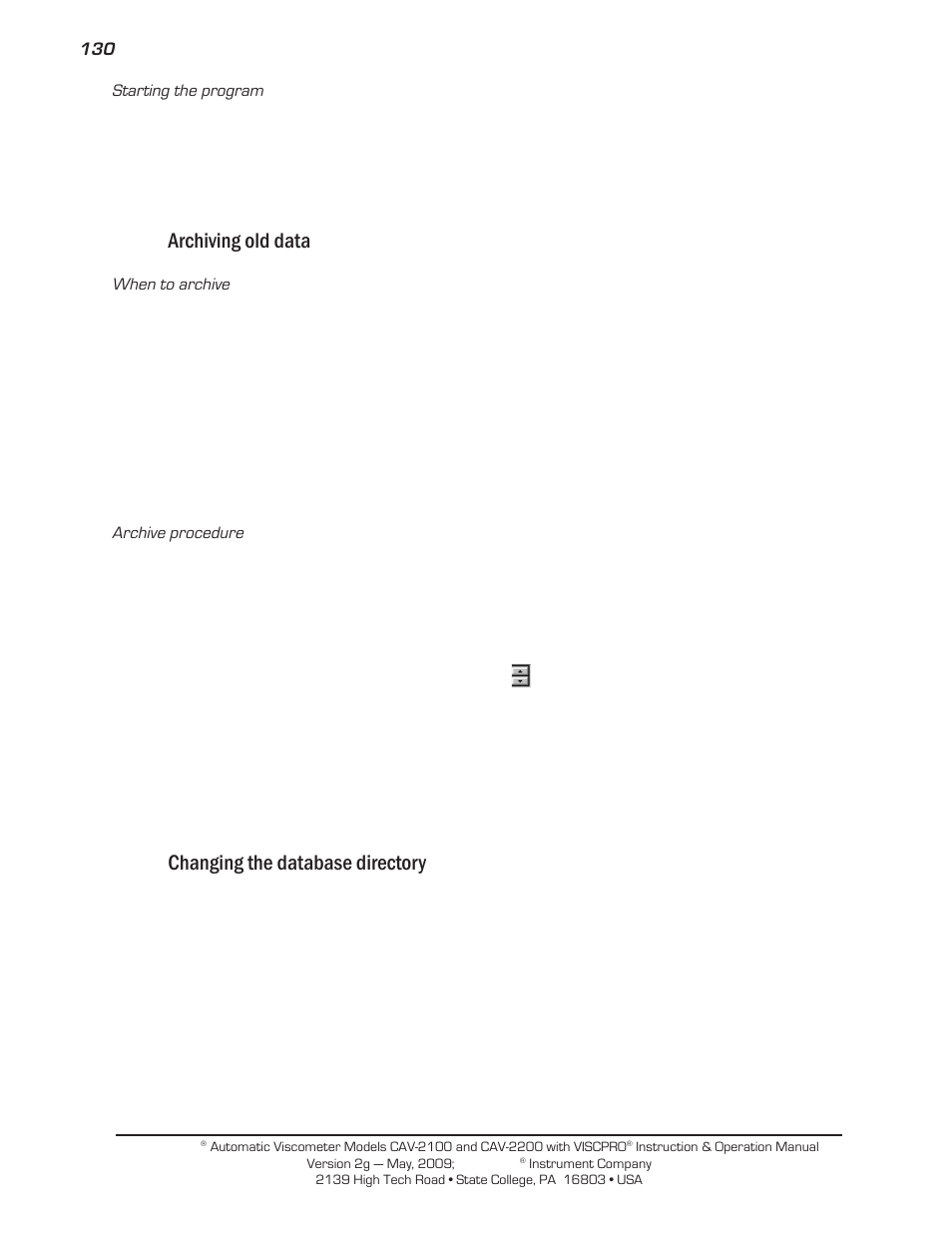 Archiving old data, Changing the database directory | Cannon Instrument CAV-2000 User Manual | Page 136 / 144