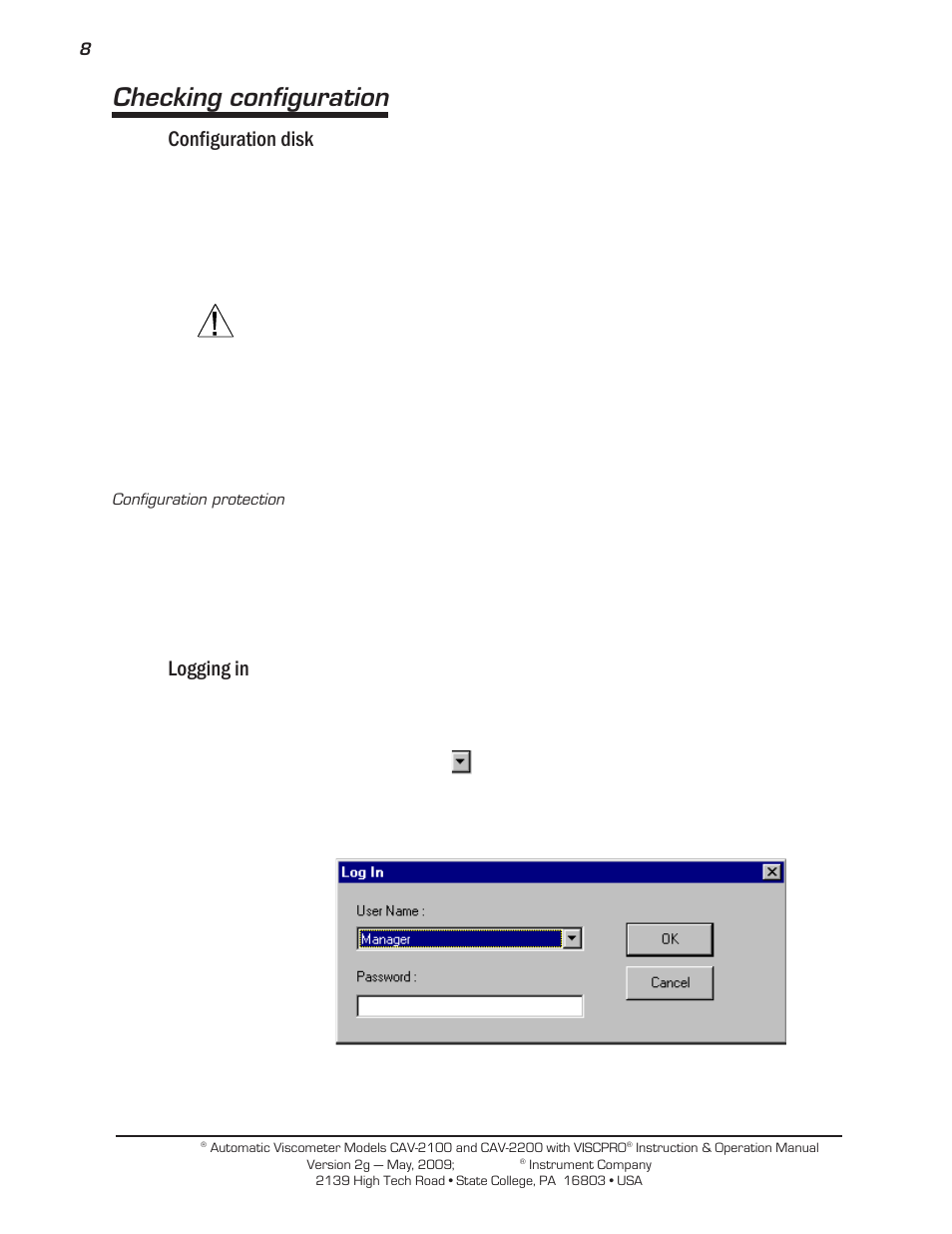 Checking configuration, Configuration disk, Logging in | Cannon Instrument CAV-2000 User Manual | Page 14 / 144