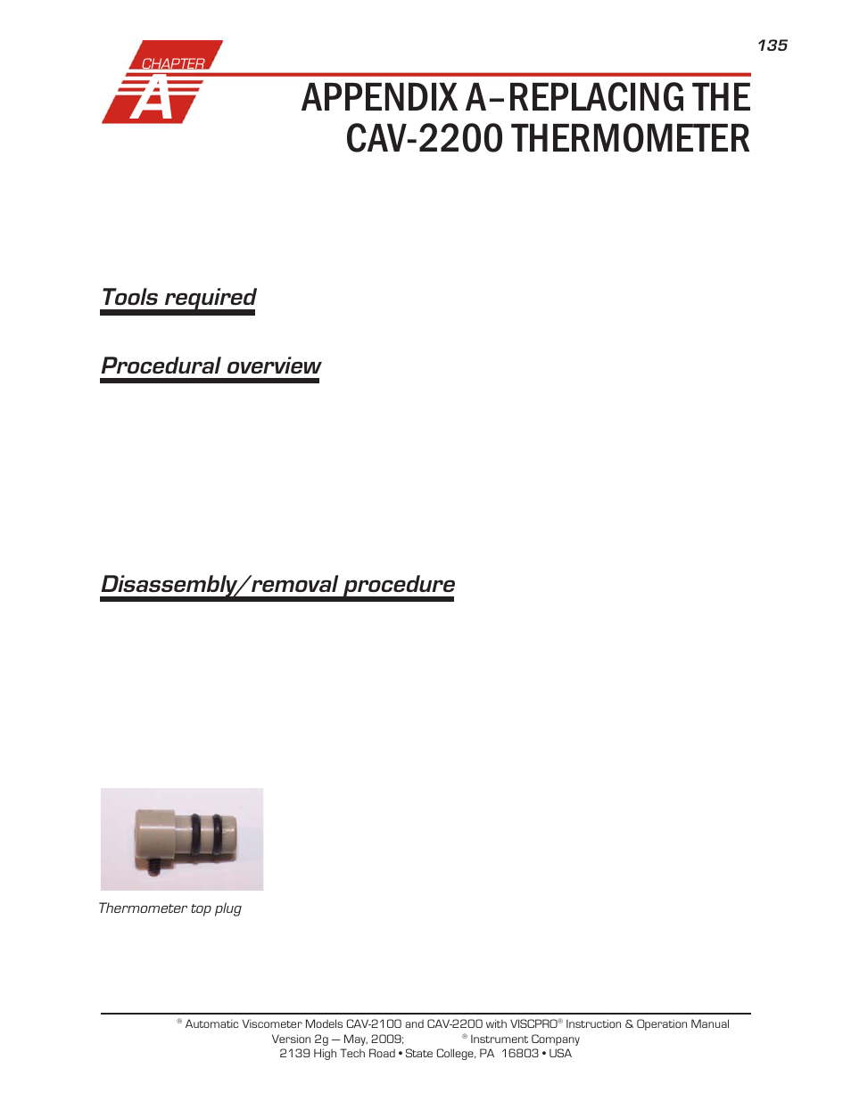 Appendix a–replacing the cav-2200 thermometer, Tools required, Procedural overview | Disassembly/removal procedure | Cannon Instrument CAV-2000 User Manual | Page 141 / 144