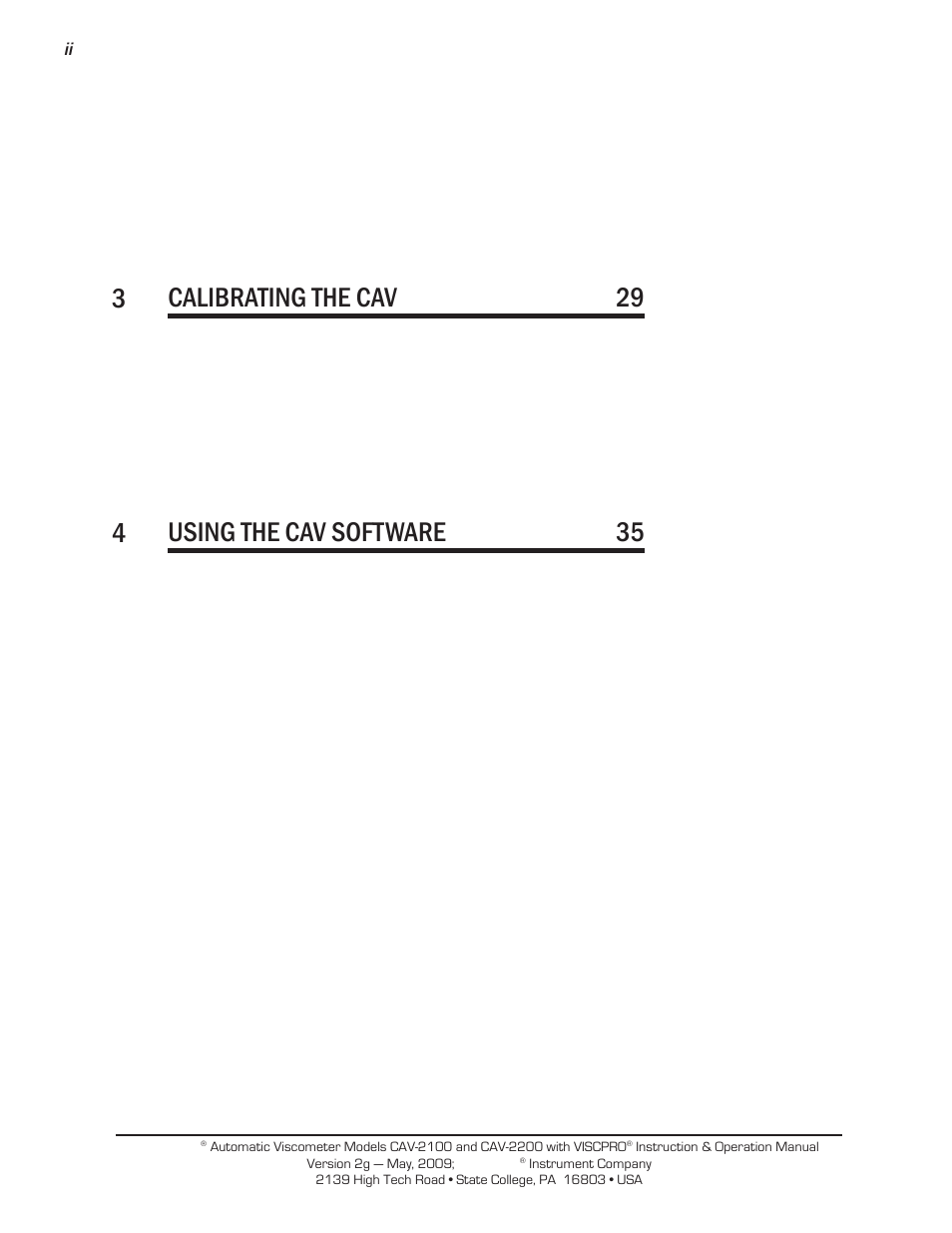 3calibrating the cav 29, 4using the cav software 35 | Cannon Instrument CAV-2000 User Manual | Page 2 / 144