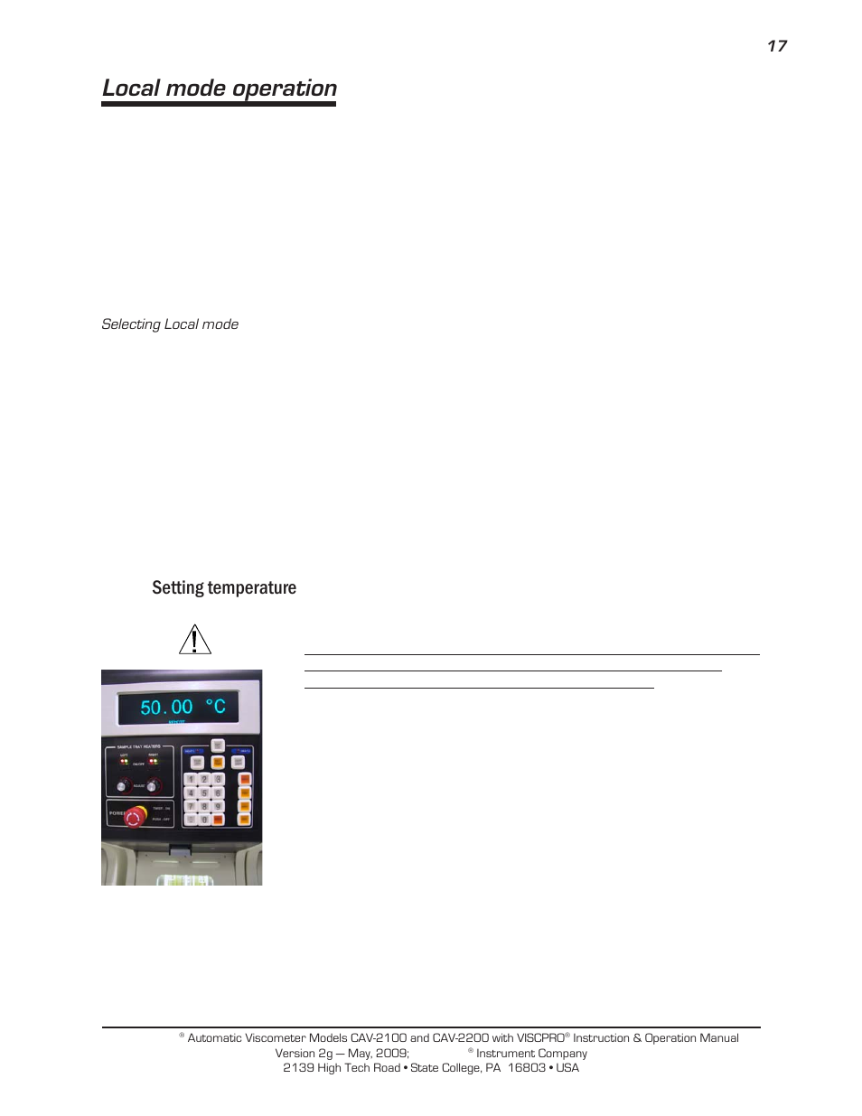 Local mode operation, Setting temperature | Cannon Instrument CAV-2000 User Manual | Page 23 / 144