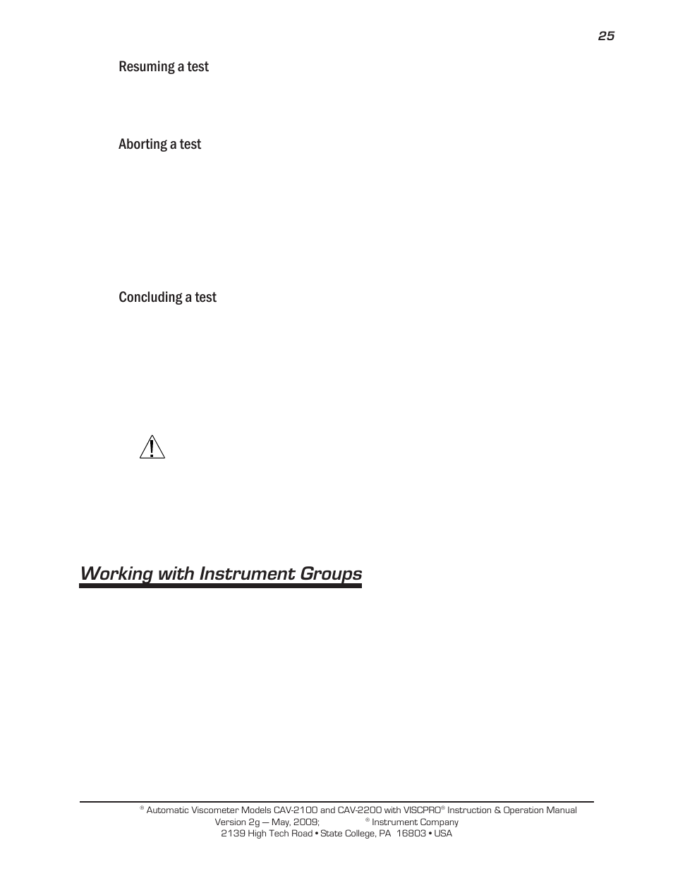 Working with instrument groups, Resuming a test, Aborting a test | Concluding a test | Cannon Instrument CAV-2000 User Manual | Page 31 / 144