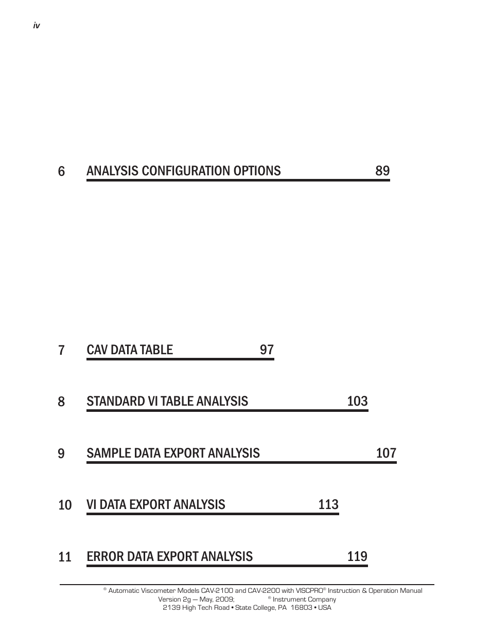 6analysis configuration options 89, 7cav data table 97, 8standard vi table analysis 103 | 9sample data export analysis 107 | Cannon Instrument CAV-2000 User Manual | Page 4 / 144