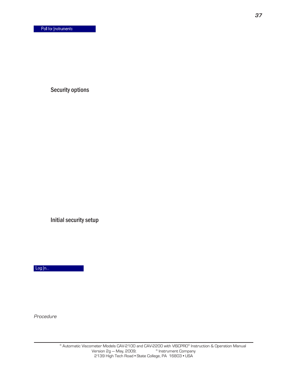 Security options, Initial security setup | Cannon Instrument CAV-2000 User Manual | Page 43 / 144