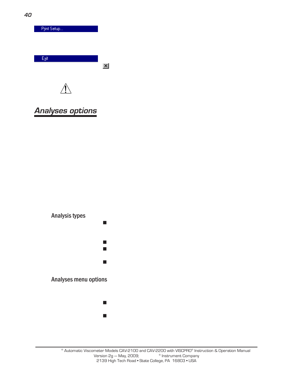 Analyses options, Analysis types, Analyses menu options | Cannon Instrument CAV-2000 User Manual | Page 46 / 144