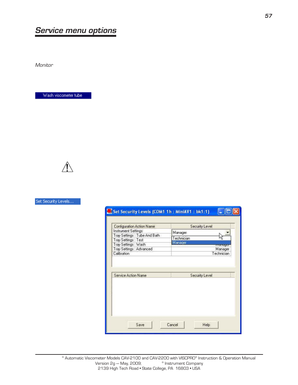 Service menu options | Cannon Instrument CAV-2000 User Manual | Page 63 / 144