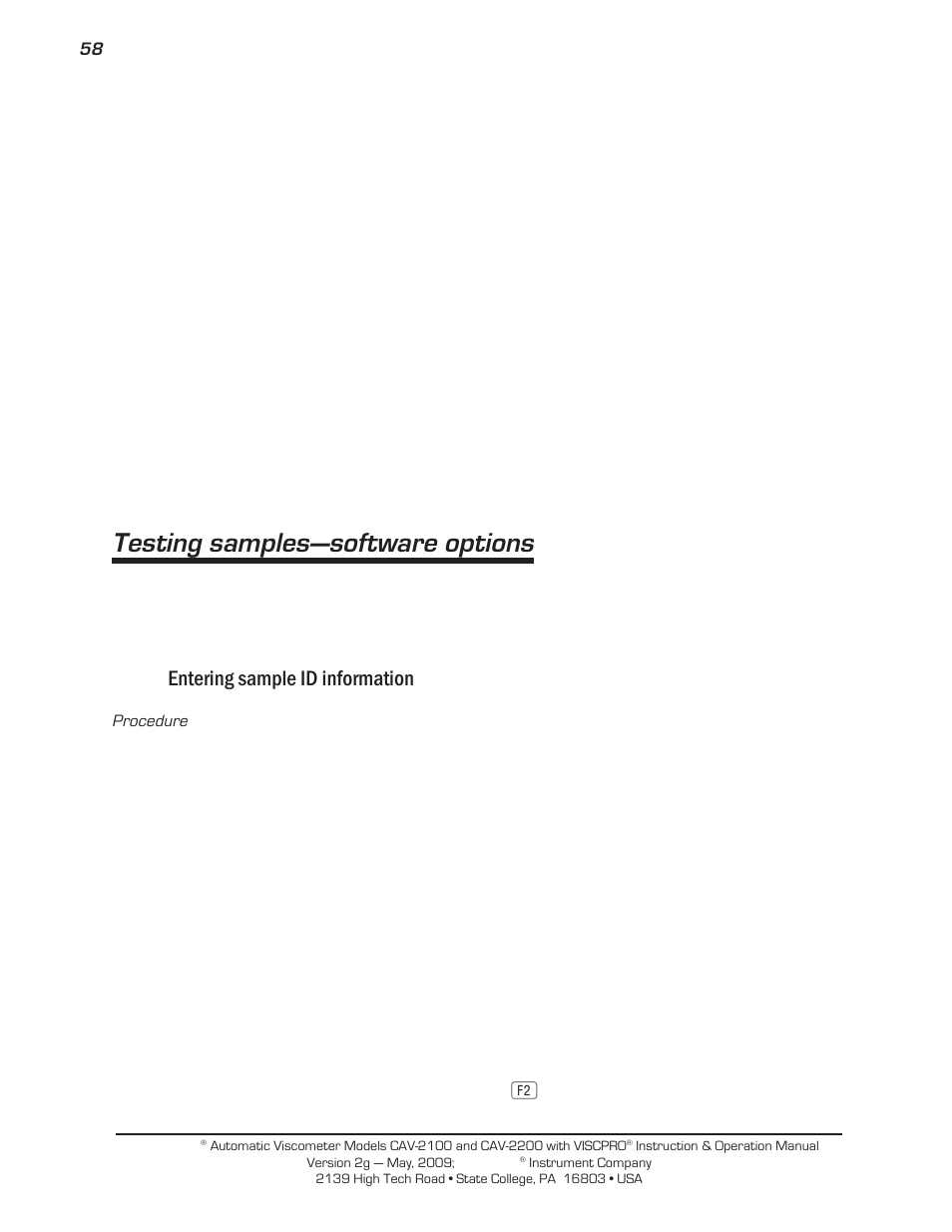 Testing samples—software options, Entering sample id information | Cannon Instrument CAV-2000 User Manual | Page 64 / 144