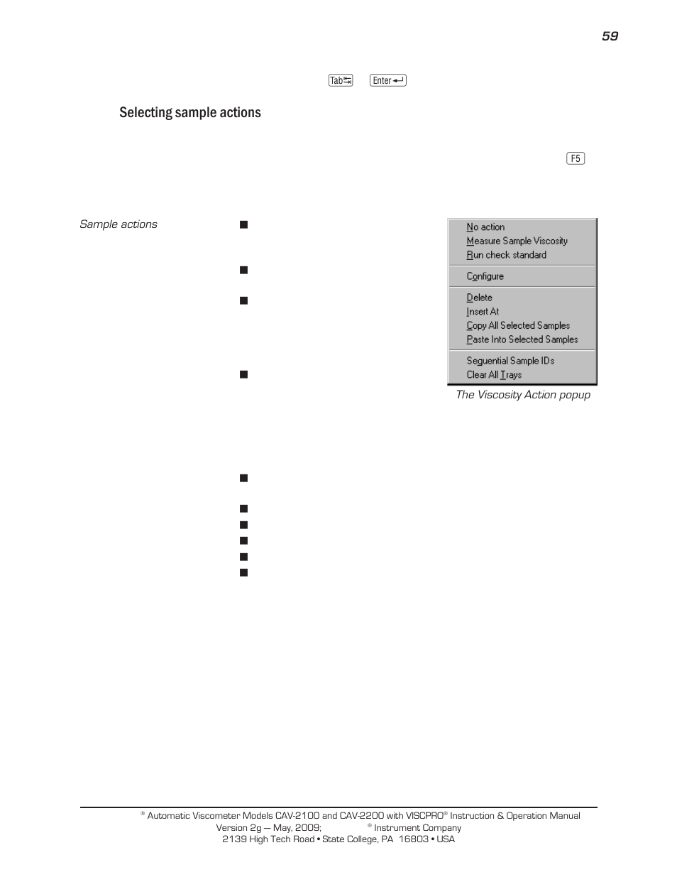 Selecting sample actions | Cannon Instrument CAV-2000 User Manual | Page 65 / 144