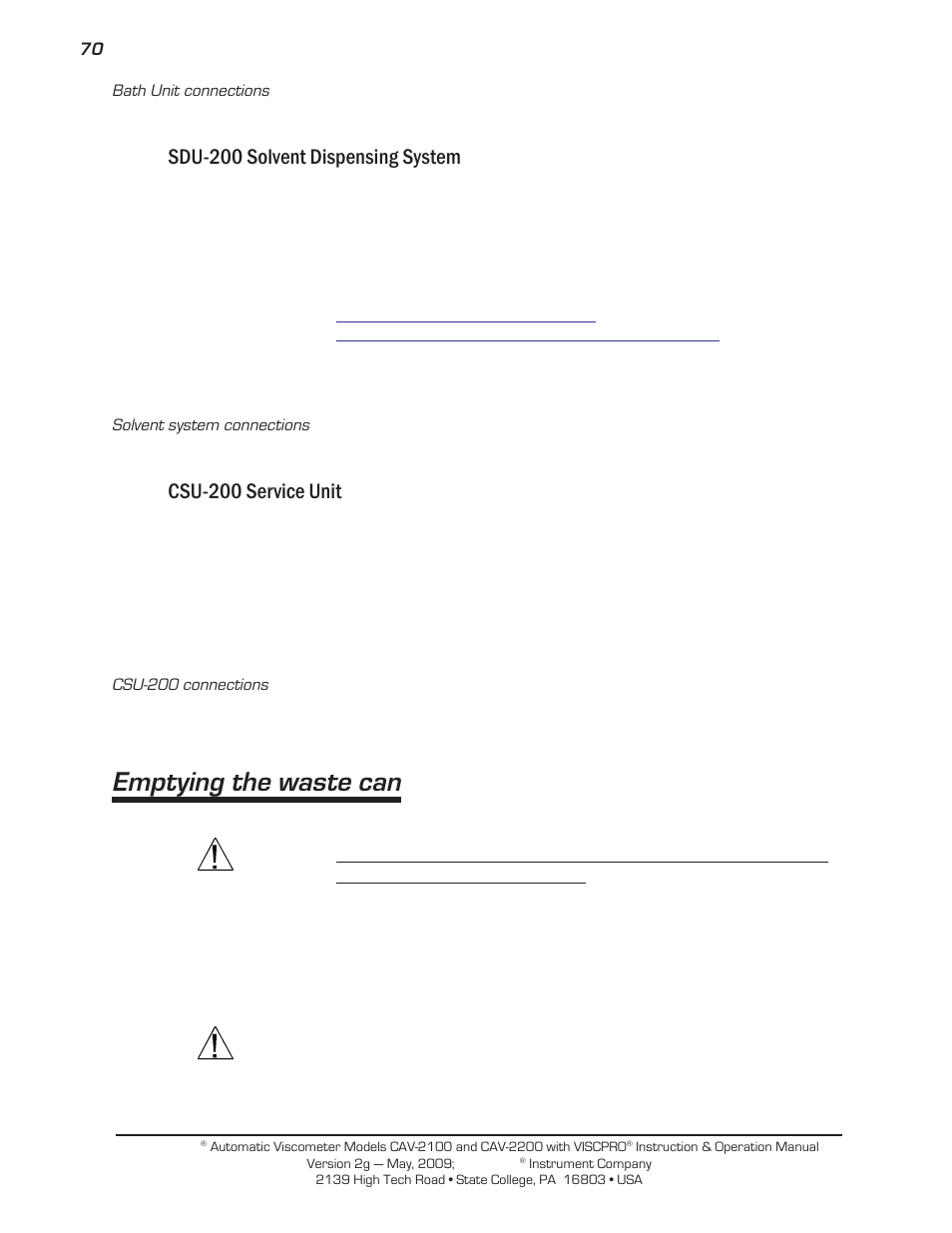 Emptying the waste can, Sdu-200 solvent dispensing system, Csu-200 service unit | Cannon Instrument CAV-2000 User Manual | Page 76 / 144
