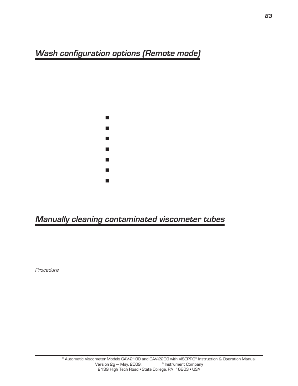 Wash configuration options (remote mode), Manually cleaning contaminated viscometer tubes | Cannon Instrument CAV-2000 User Manual | Page 89 / 144