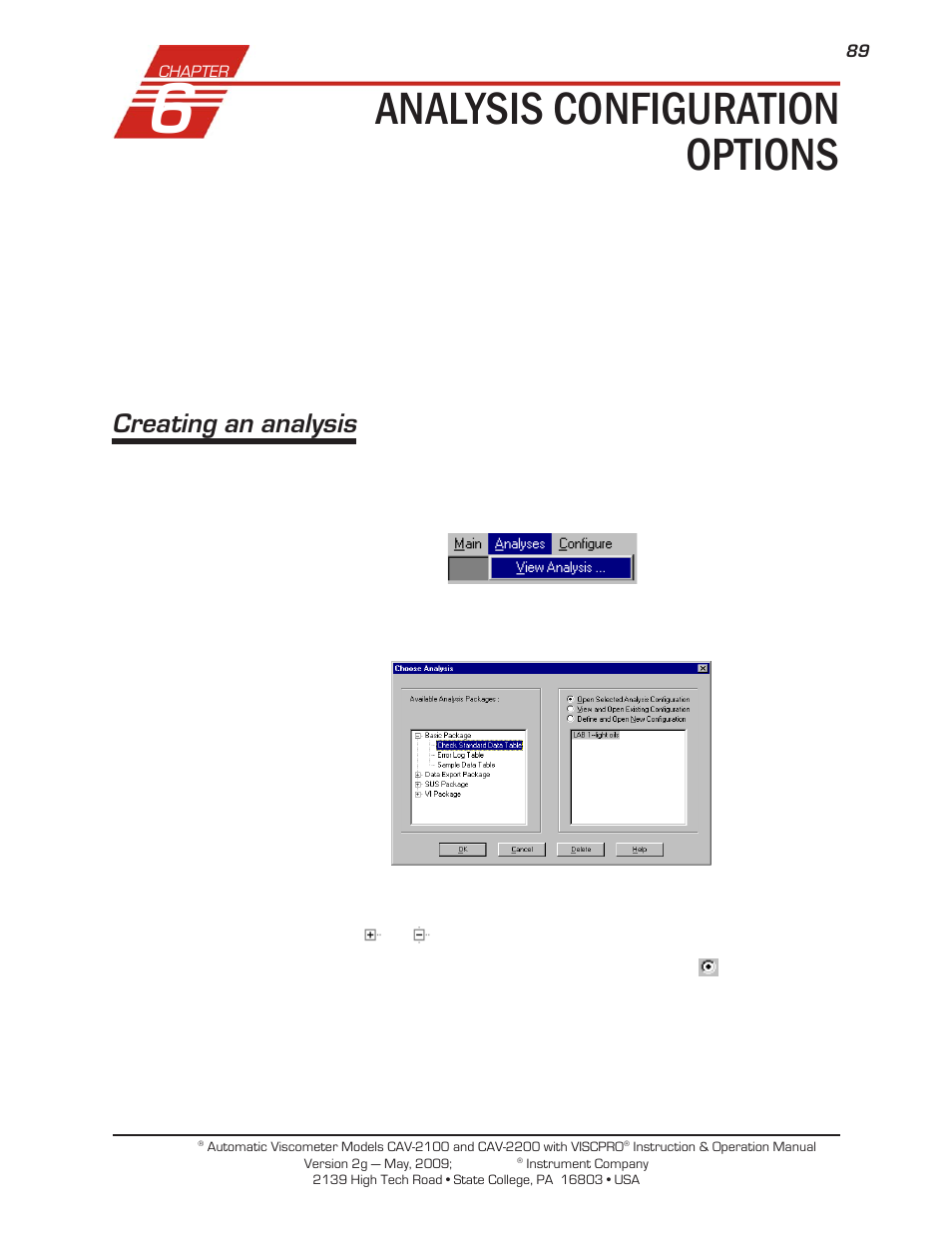 Analysis configuration options, Creating an analysis | Cannon Instrument CAV-2000 User Manual | Page 95 / 144