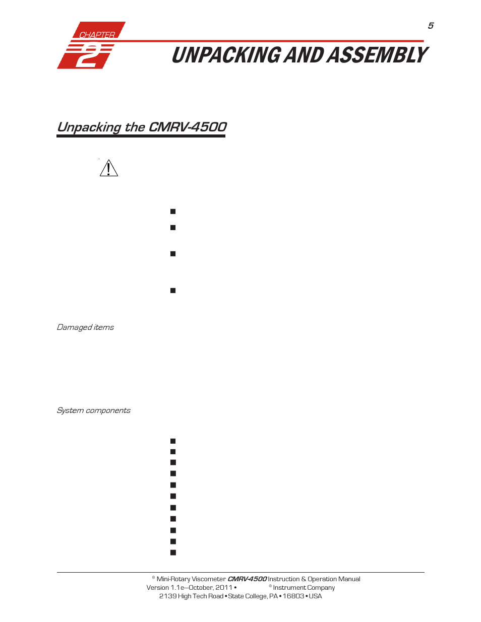 Unpacking and assembly, Unpacking the cmrv-4500 | Cannon Instrument CMRV-4500 User Manual | Page 11 / 128