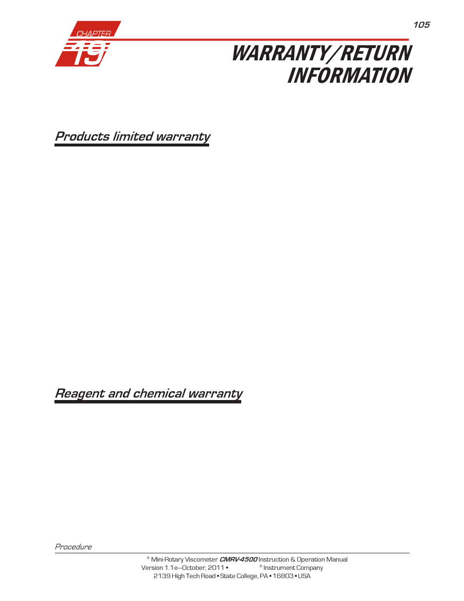 Warranty/return information, Products limited warranty, Reagent and chemical warranty | Cannon Instrument CMRV-4500 User Manual | Page 111 / 128