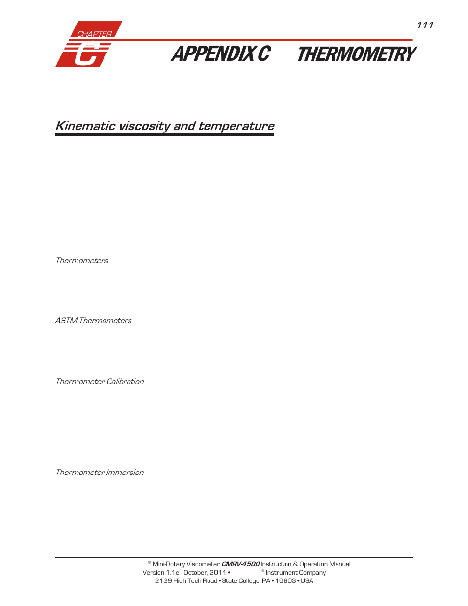 Appendix c, Thermometry, Kinematic viscosity and temperature | Cannon Instrument CMRV-4500 User Manual | Page 117 / 128