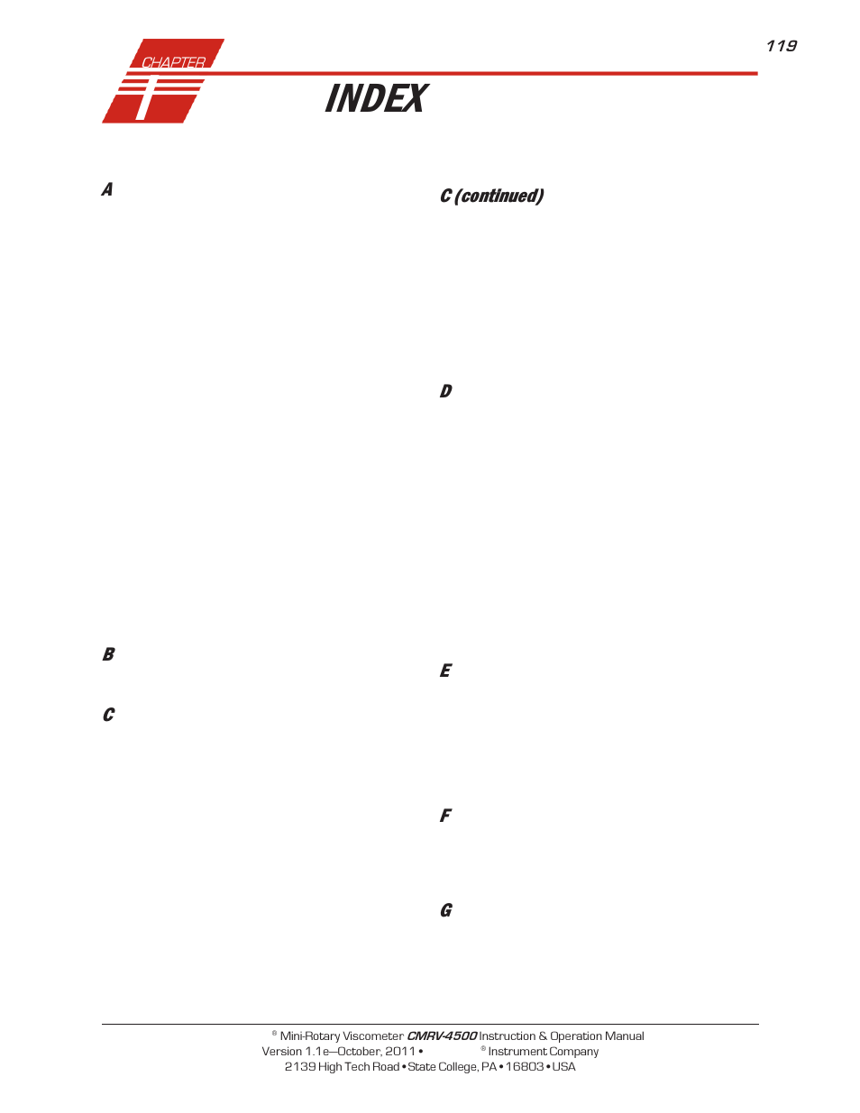 Index, C (continued) | Cannon Instrument CMRV-4500 User Manual | Page 125 / 128