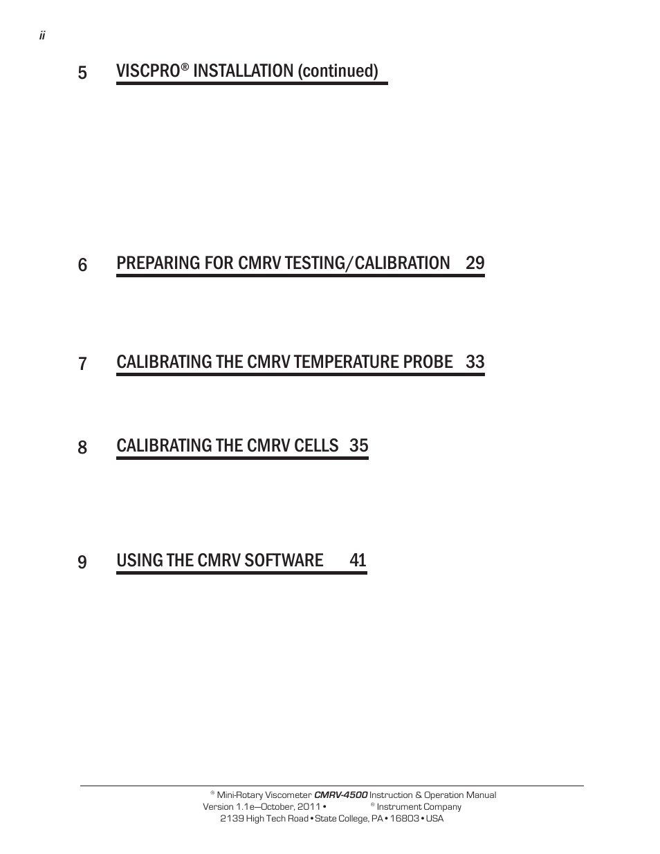 5viscpro, Installation (continued), 6preparing for cmrv testing/calibration 29 | 7calibrating the cmrv temperature probe 33, 8calibrating the cmrv cells 35, 9using the cmrv software 41 | Cannon Instrument CMRV-4500 User Manual | Page 2 / 128
