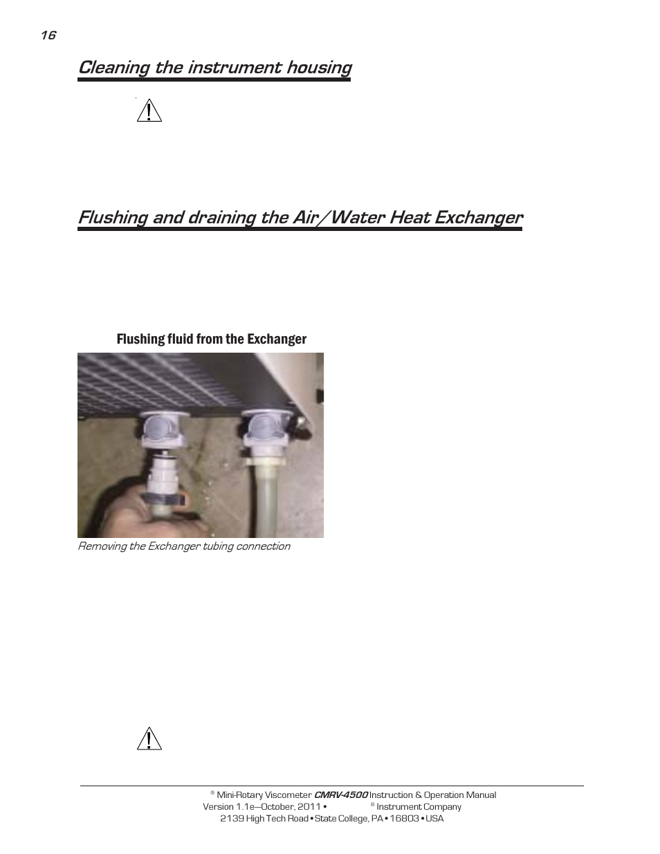 Cleaning the instrument housing, Flushing and draining the air/water heat exchanger, Flushing fluid from the exchanger | Cannon Instrument CMRV-4500 User Manual | Page 22 / 128