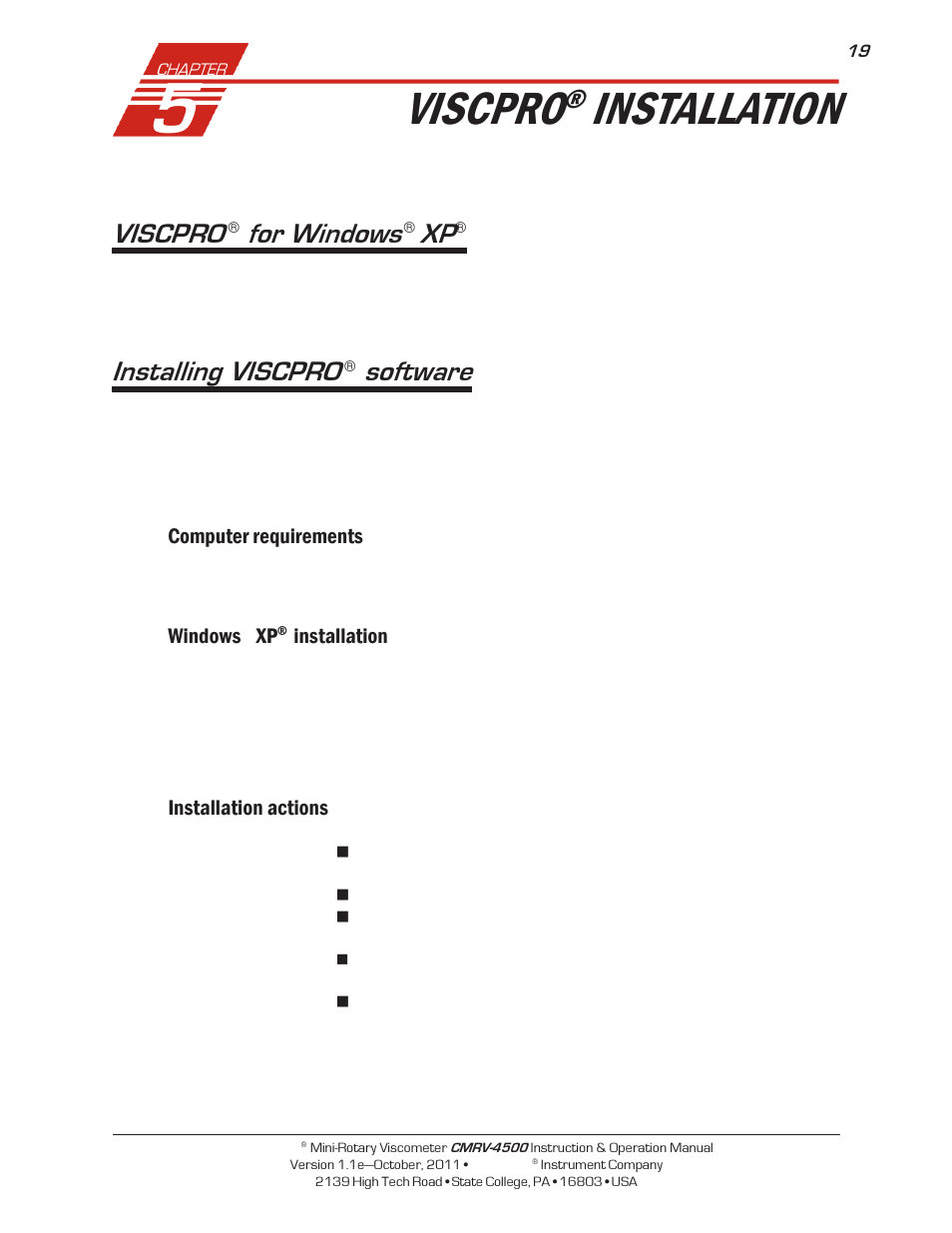 Viscpro, Installation, For windows | Installing viscpro, Software, Computer requirements, Windows, Installation actions | Cannon Instrument CMRV-4500 User Manual | Page 25 / 128