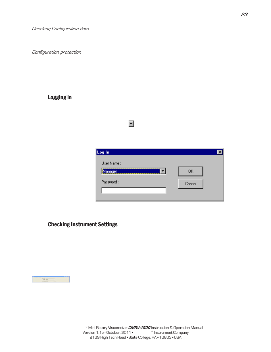 Logging in, Checking instrument settings | Cannon Instrument CMRV-4500 User Manual | Page 29 / 128