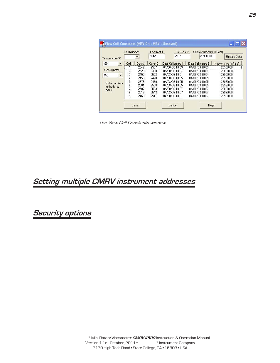Setting multiple cmrv instrument addresses, Security options | Cannon Instrument CMRV-4500 User Manual | Page 31 / 128
