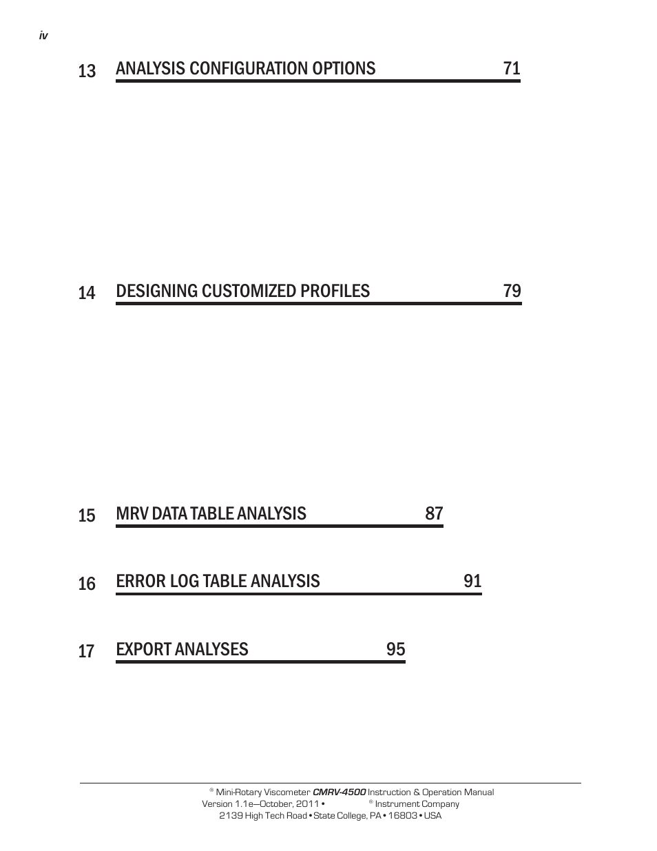 13 analysis configuration options 71, 14 designing customized profiles 79, 15 mrv data table analysis 87 | 16 error log table analysis 91, 17 export analyses 95 | Cannon Instrument CMRV-4500 User Manual | Page 4 / 128