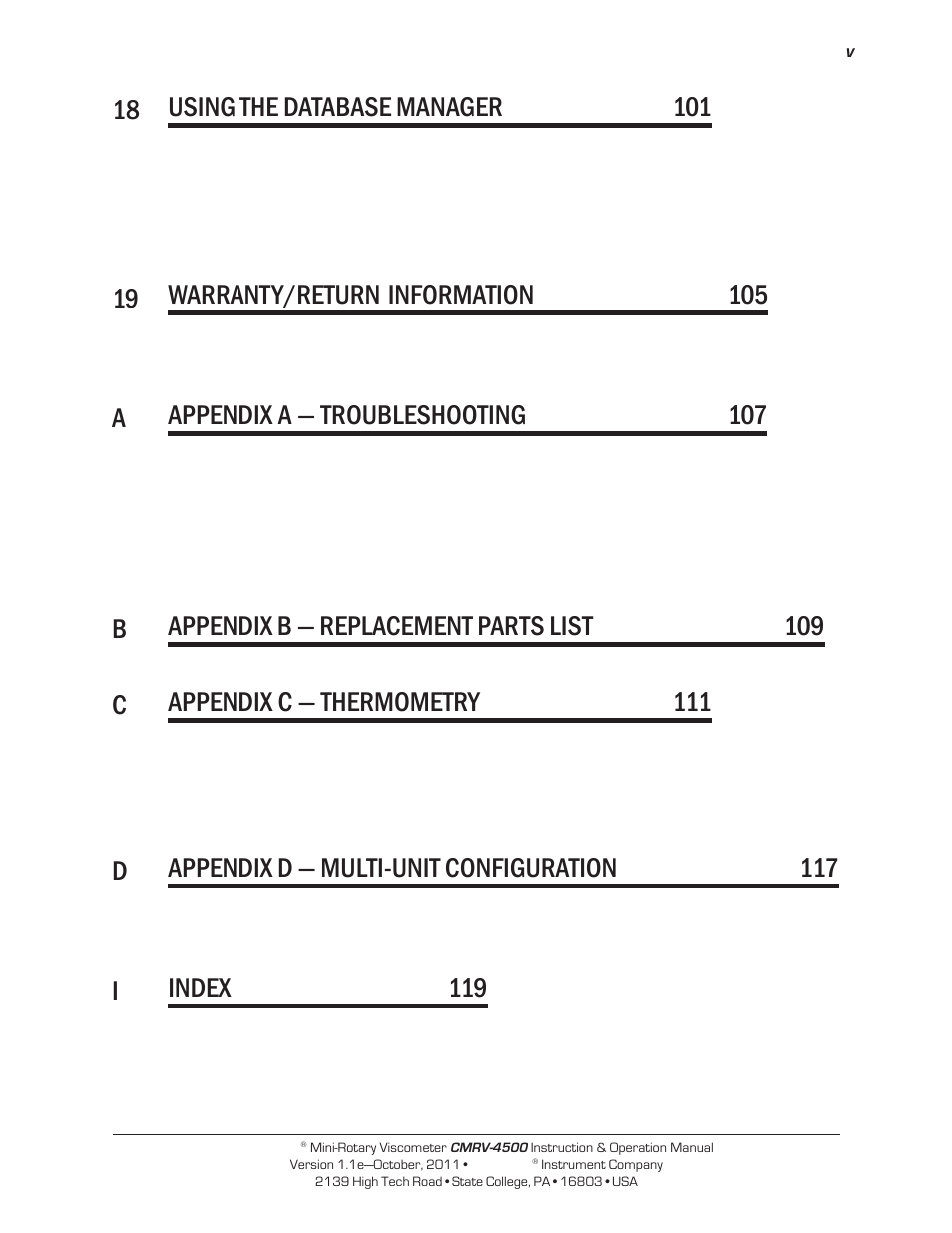 Aappendix a — troubleshooting 107, Dappendix d — multi-unit configuration 117, Iindex 119 | Cannon Instrument CMRV-4500 User Manual | Page 5 / 128