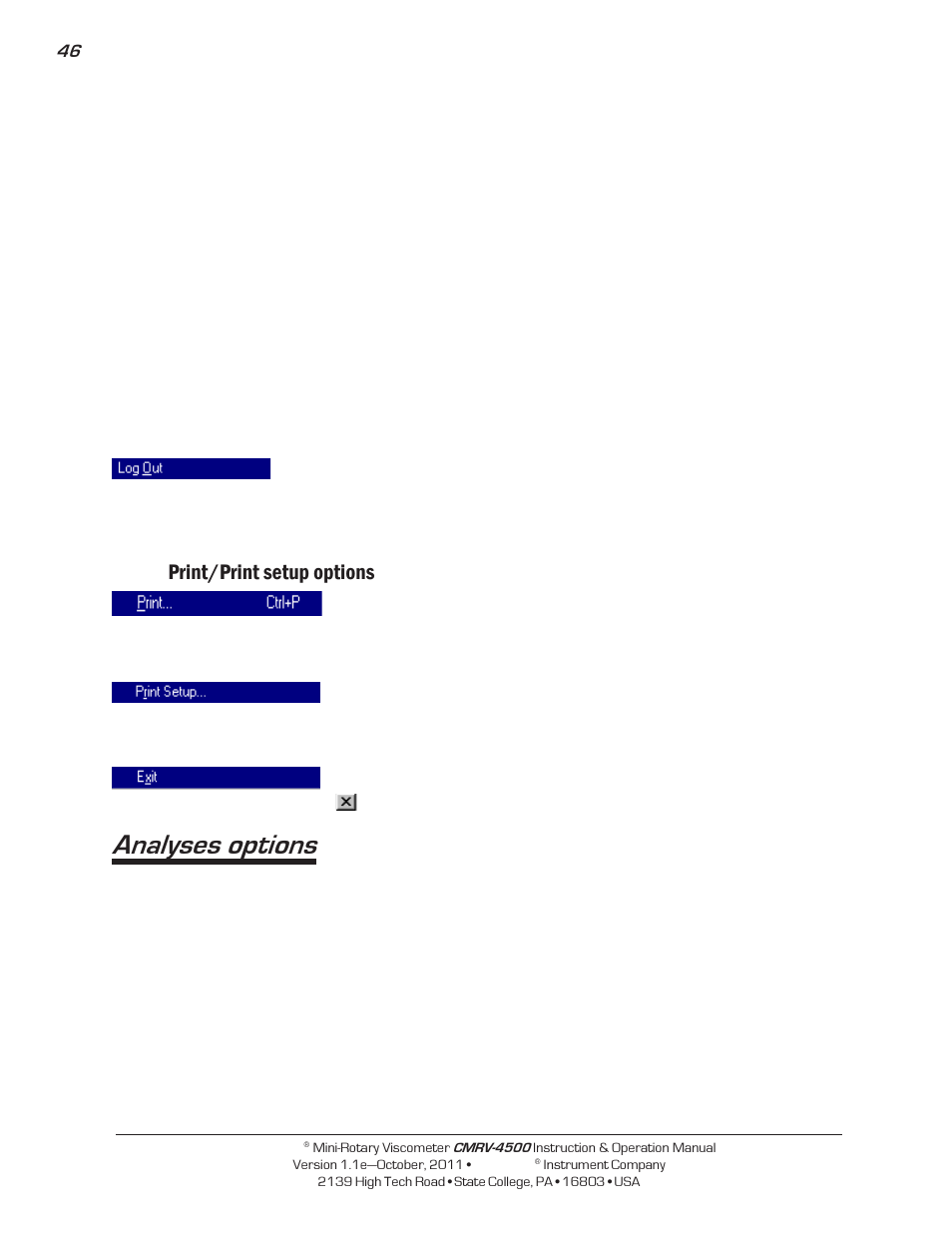 Analyses options, Print/print setup options | Cannon Instrument CMRV-4500 User Manual | Page 52 / 128