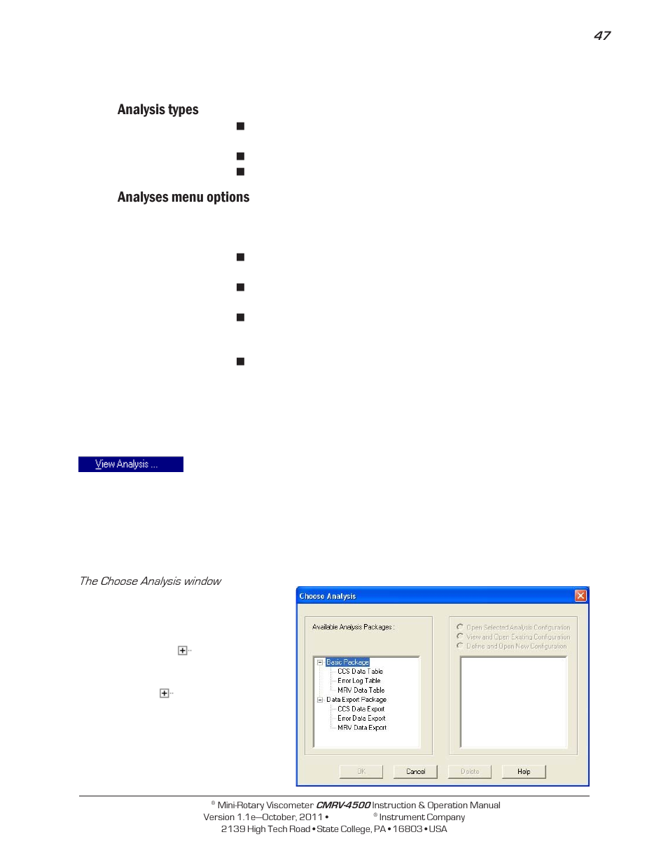 Analysis types, Analyses menu options | Cannon Instrument CMRV-4500 User Manual | Page 53 / 128