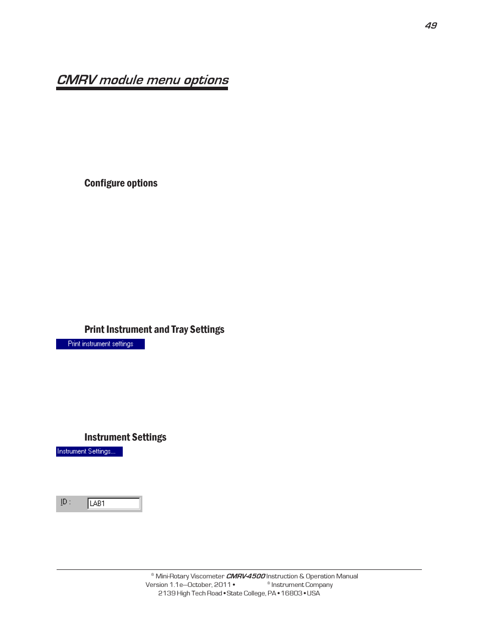 Cmrv module menu options, Configure options, Print instrument and tray settings | Instrument settings | Cannon Instrument CMRV-4500 User Manual | Page 55 / 128