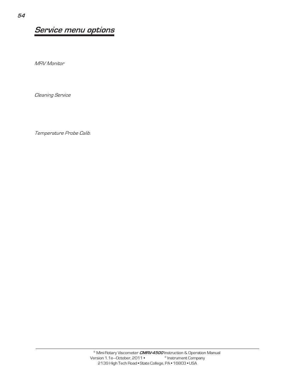 Service menu options | Cannon Instrument CMRV-4500 User Manual | Page 60 / 128