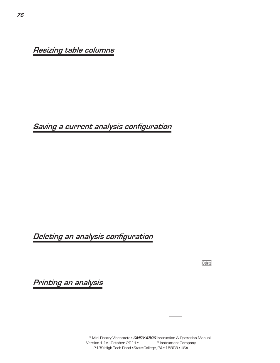 Resizing table columns, Saving a current analysis configuration, Deleting an analysis configuration | Printing an analysis | Cannon Instrument CMRV-4500 User Manual | Page 82 / 128