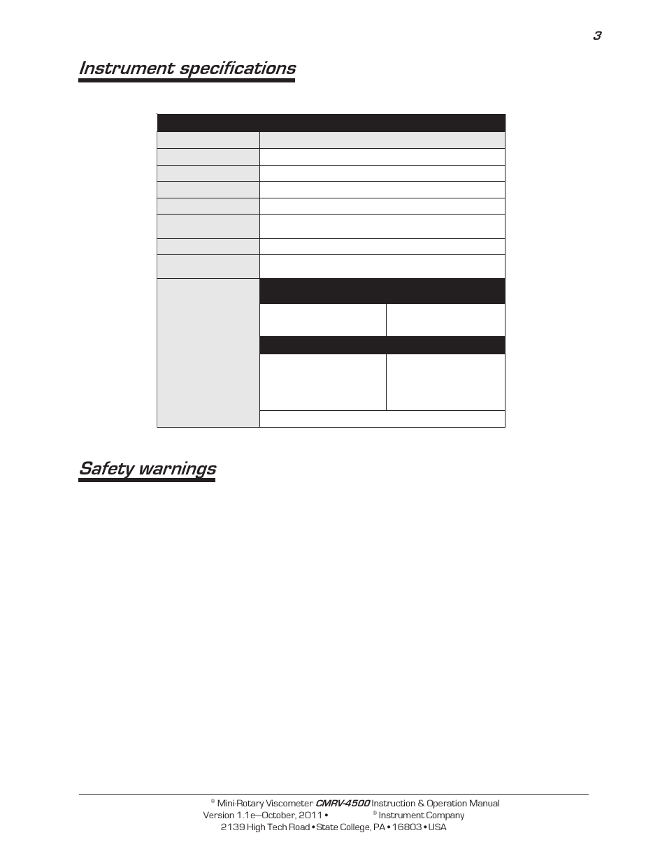 Instrument specifications, Safety warnings, Cannon | Cannon Instrument CMRV-4500 User Manual | Page 9 / 128