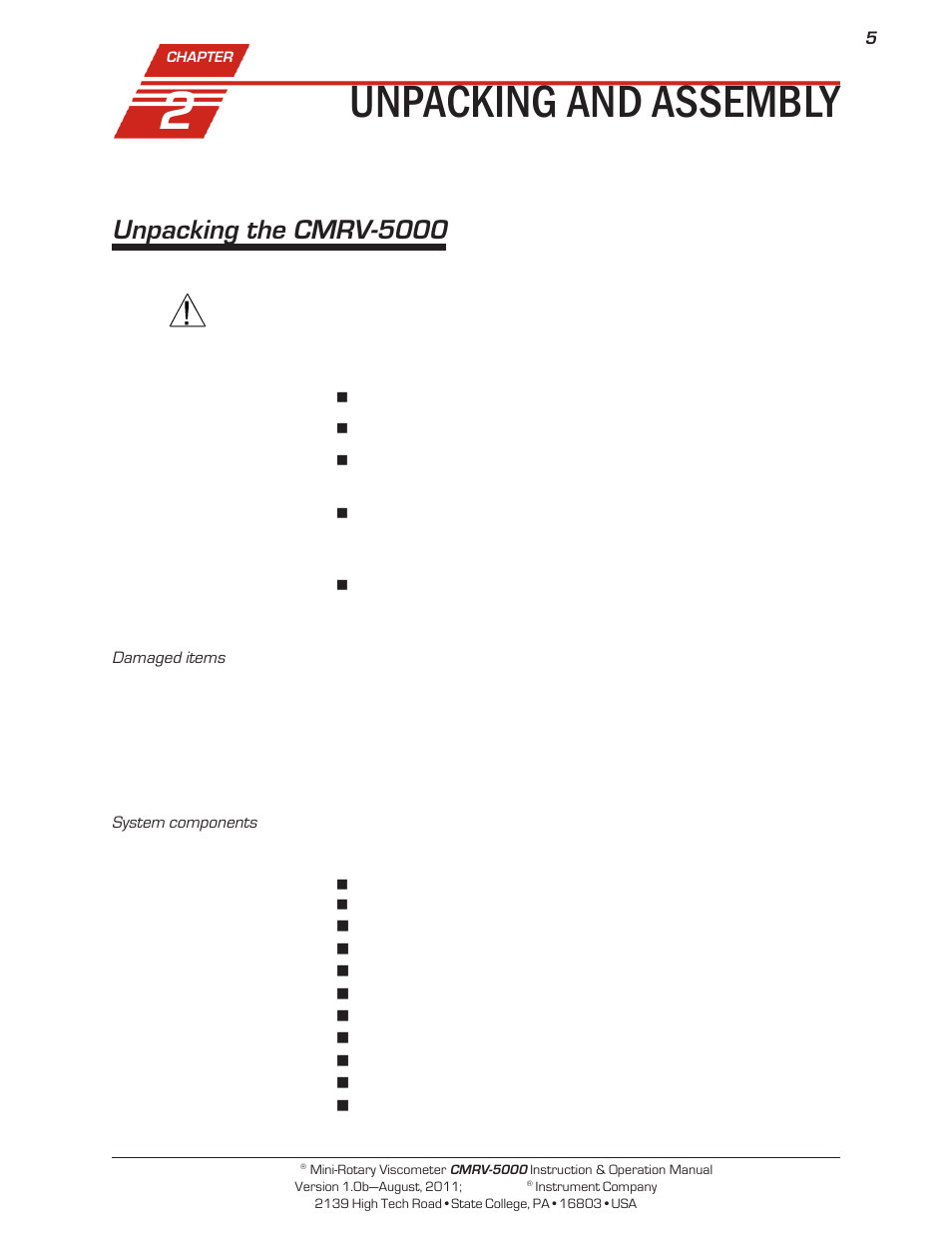 Unpacking and assembly, Unpacking the cmrv-5000 | Cannon Instrument CMRV-5000 User Manual | Page 11 / 128