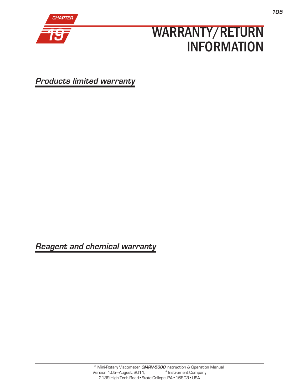 Warranty/return information, Products limited warranty, Reagent and chemical warranty | Cannon Instrument CMRV-5000 User Manual | Page 111 / 128