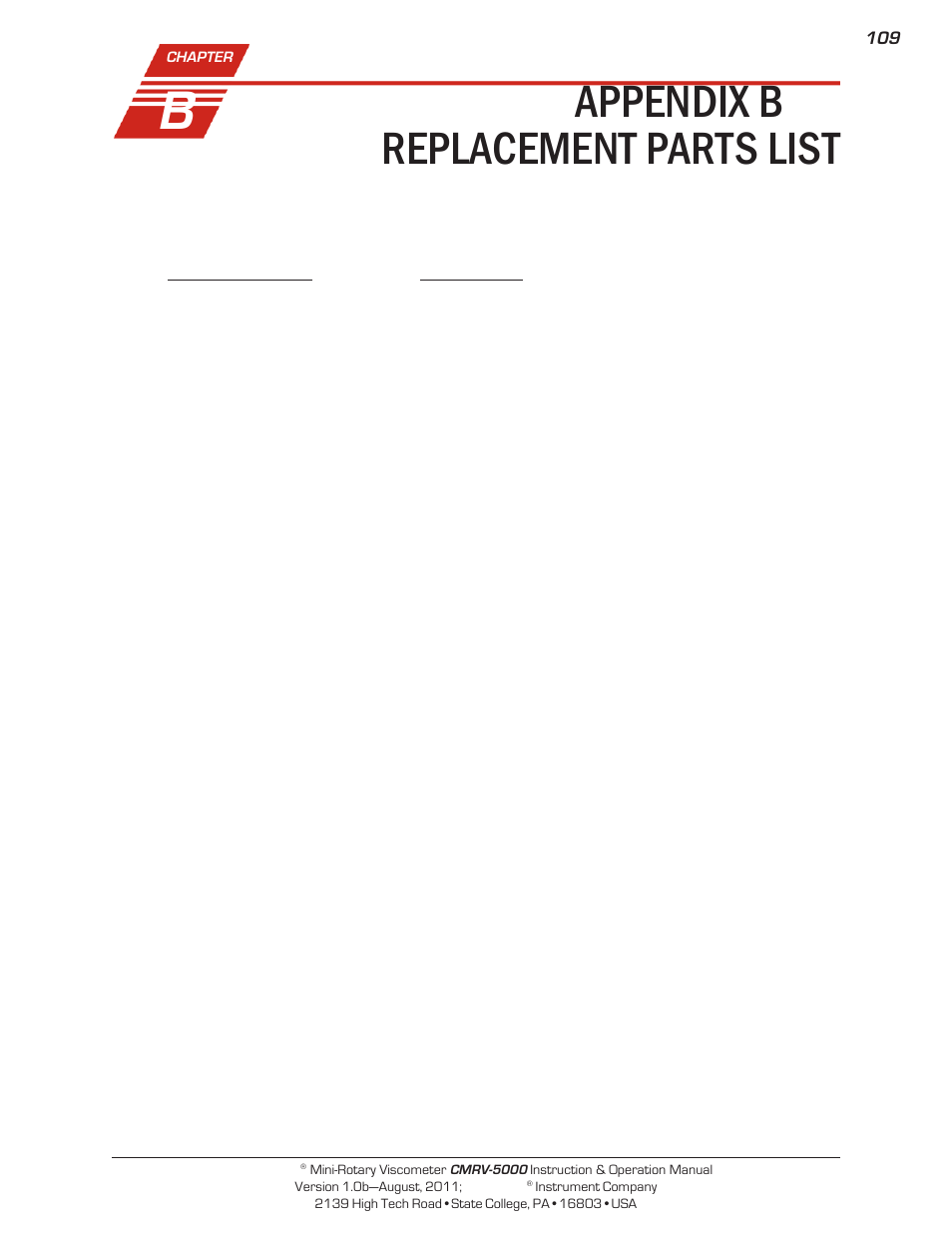 Appendix b — replacement parts list | Cannon Instrument CMRV-5000 User Manual | Page 115 / 128