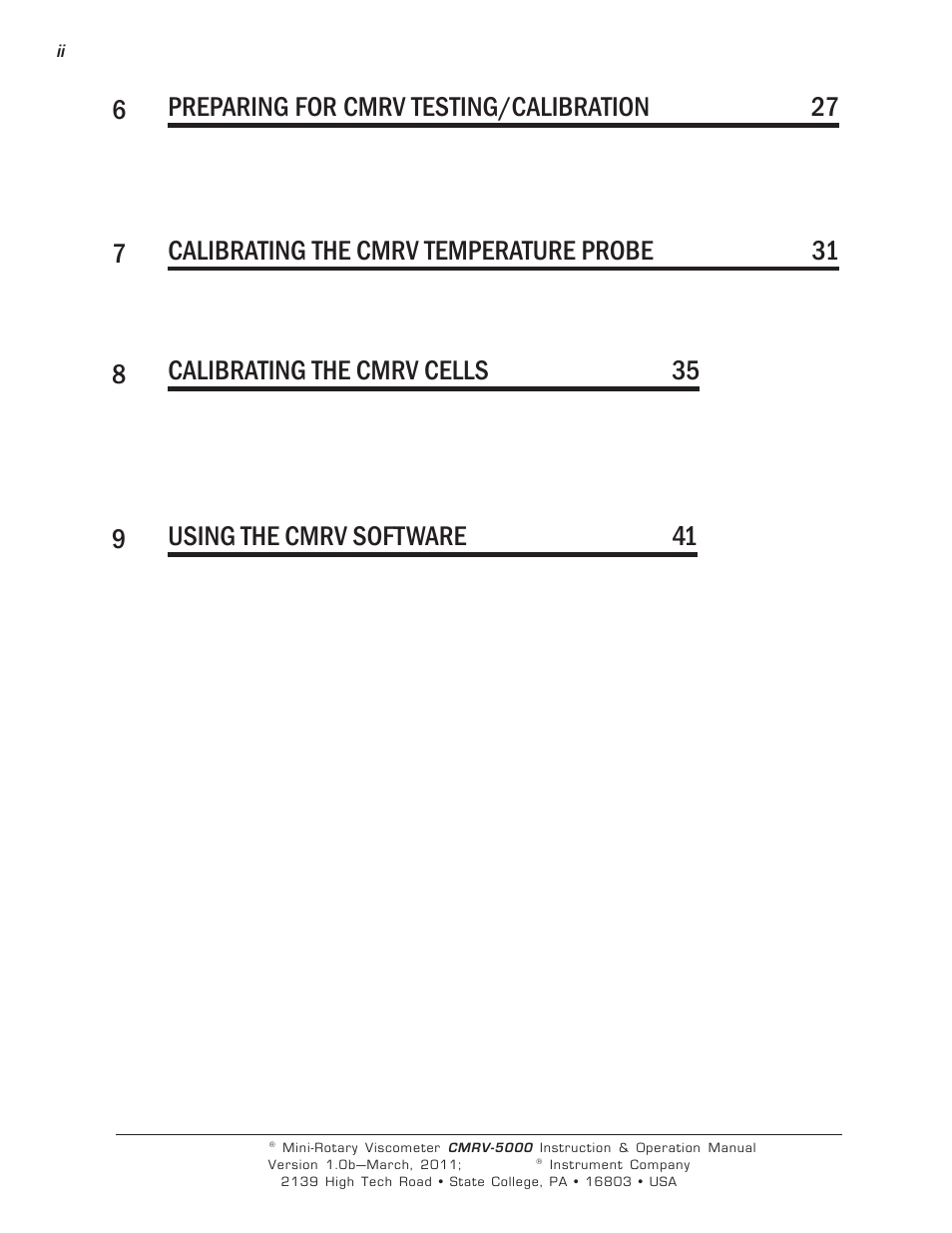 6preparing for cmrv testing/calibration 27, 7calibrating the cmrv temperature probe 31, 8calibrating the cmrv cells 35 | 9using the cmrv software 41 | Cannon Instrument CMRV-5000 User Manual | Page 2 / 128