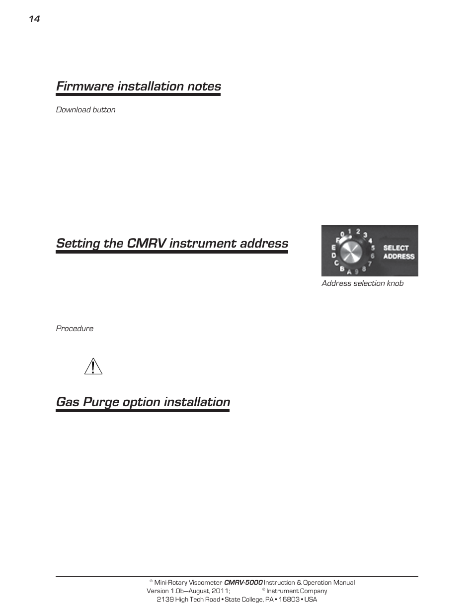 Setting the cmrv instrument address, Gas purge option installation | Cannon Instrument CMRV-5000 User Manual | Page 20 / 128