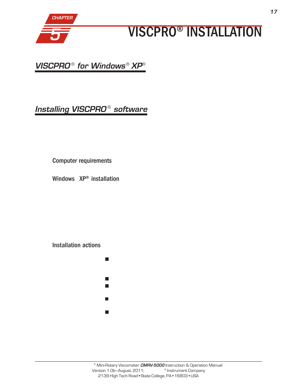 Viscpro, Installation, For windows | Installing viscpro, Software, Computer requirements, Windows, Installation actions | Cannon Instrument CMRV-5000 User Manual | Page 23 / 128
