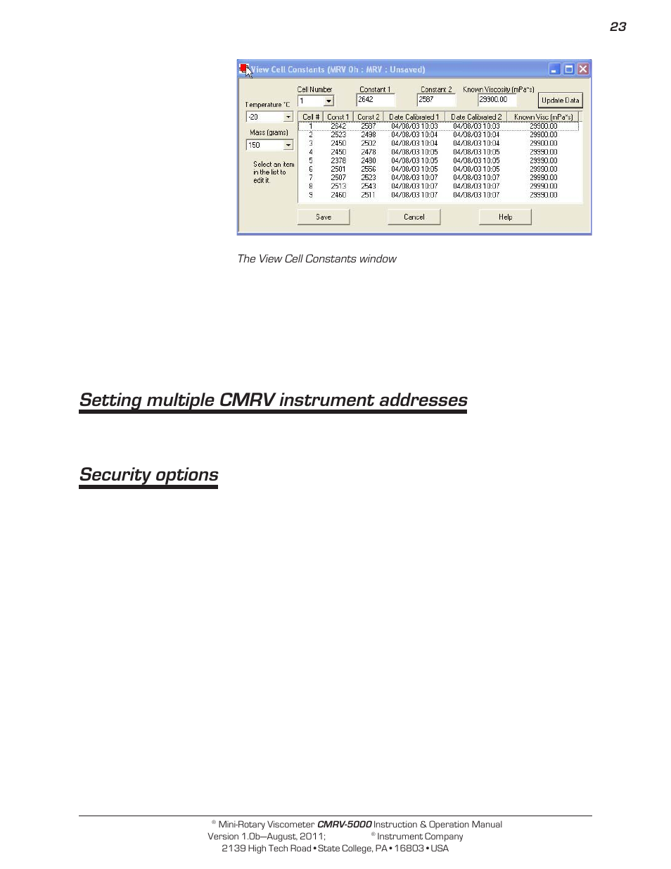 Setting multiple cmrv instrument addresses, Security options | Cannon Instrument CMRV-5000 User Manual | Page 29 / 128