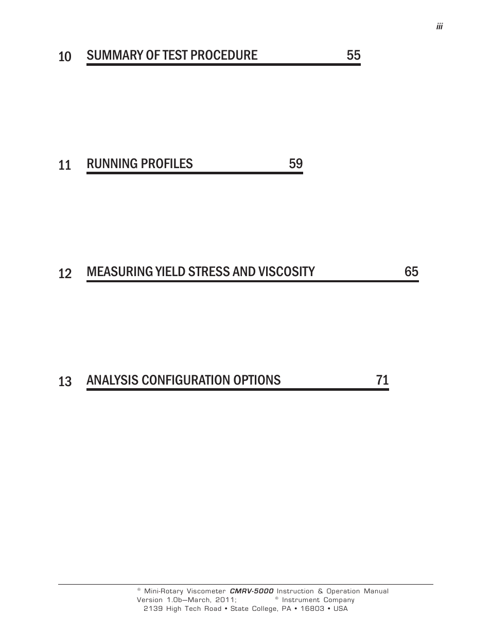 10 summary of test procedure 55, 11 running profiles 59, 12 measuring yield stress and viscosity 65 | 13 analysis configuration options 71 | Cannon Instrument CMRV-5000 User Manual | Page 3 / 128