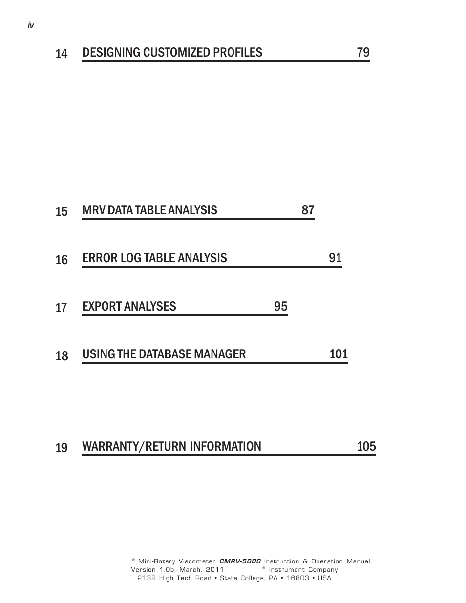 14 designing customized profiles 79, 15 mrv data table analysis 87, 16 error log table analysis 91 | 17 export analyses 95 | Cannon Instrument CMRV-5000 User Manual | Page 4 / 128