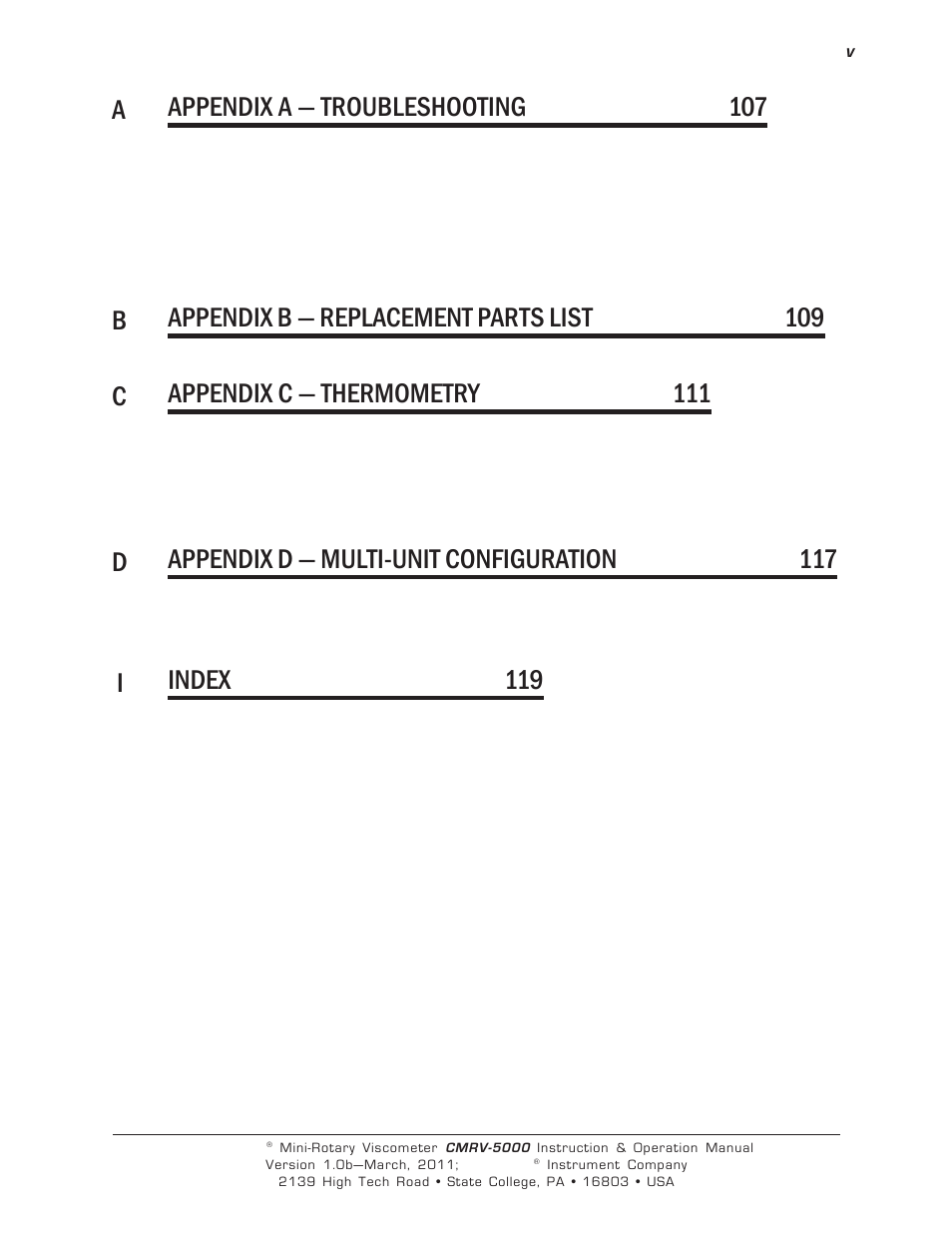 Aappendix a — troubleshooting 107, Dappendix d — multi-unit configuration 117, Iindex 119 | Cannon Instrument CMRV-5000 User Manual | Page 5 / 128
