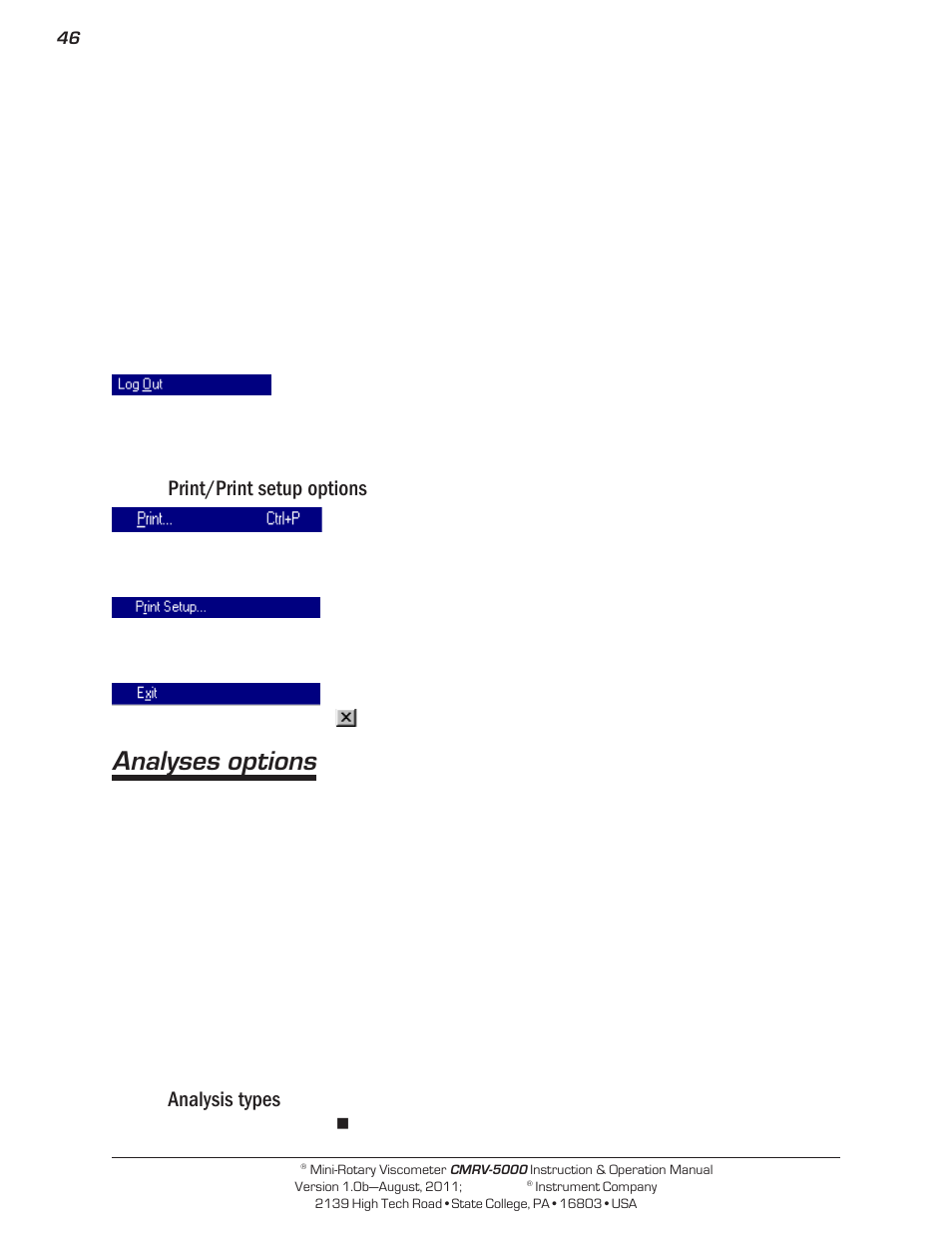 Analyses options, Print/print setup options, Analysis types | Cannon Instrument CMRV-5000 User Manual | Page 52 / 128