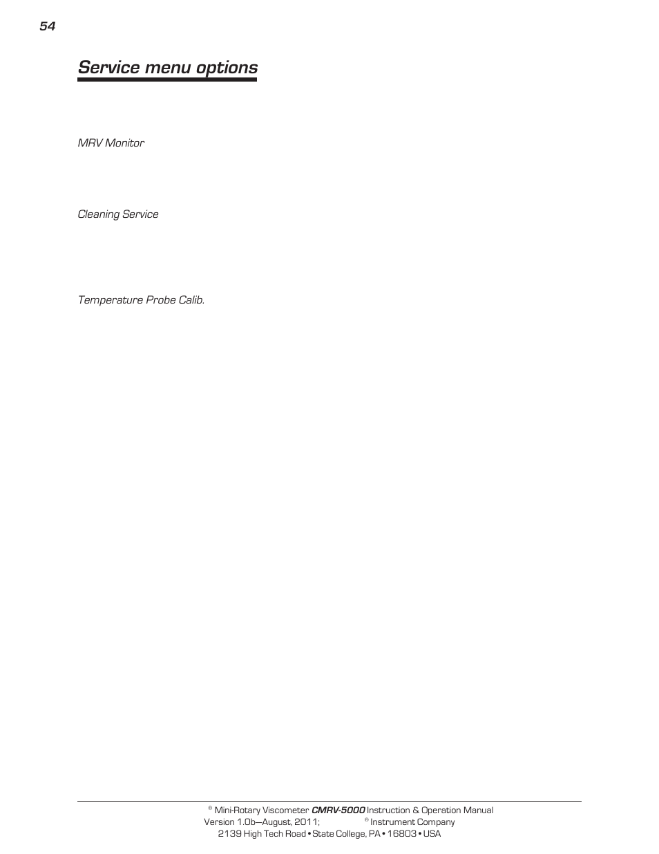 Service menu options | Cannon Instrument CMRV-5000 User Manual | Page 60 / 128