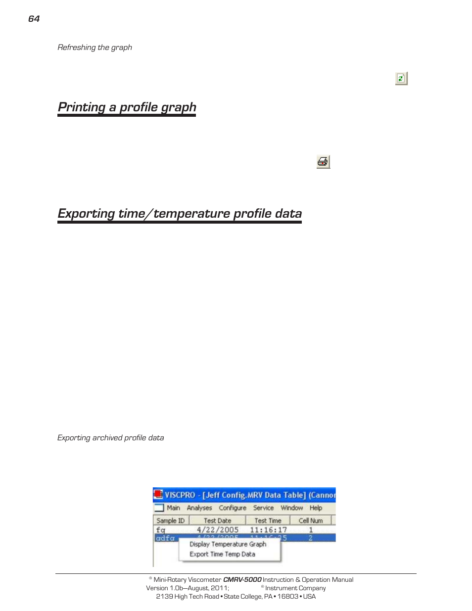 Printing a profile graph, Exporting time/temperature profile data | Cannon Instrument CMRV-5000 User Manual | Page 70 / 128